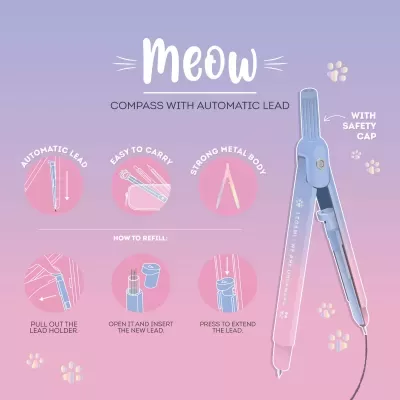 Bússola de desenho azul e rosa com ponta automática e tampa de segurança em fundo degradê rosa e lilás