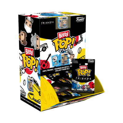 Embalagem de figuras de vinil Bitty Pop! Friends da Funko com cores preto, amarelo e branco.