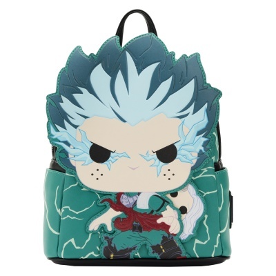 Mochila pequena verde com desenho de personagem de anime em cores azul, branco e vermelho