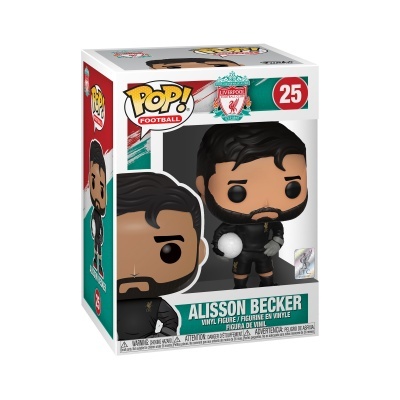Figura Funko Pop! Alisson Becker em caixa com número 25 e logótipo Liverpool FC