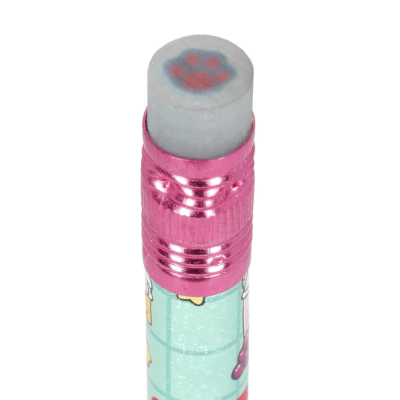 Borracha com impressão de pata rosa e azul presa a suporte metálico rosa em lápis colorido