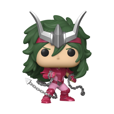 Figura Funko Pop com cabelo verde e armadura rosa com corrente prateada