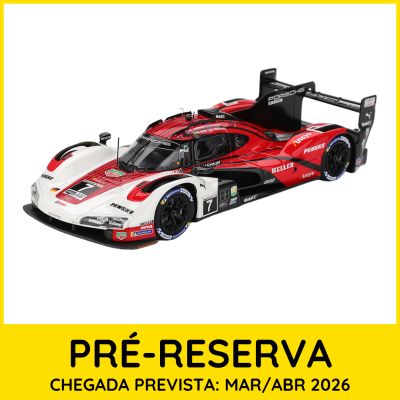Miniatura de carro de corrida Porsche 963 vermelho, branco e preto com logos e número 7 em fundo branco