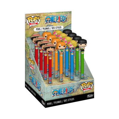 Expositor de canetas temáticas One Piece com personagens coloridos