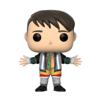 Figura colecionável Funko Pop de personagem com roupa colorida e postura de braços abertos