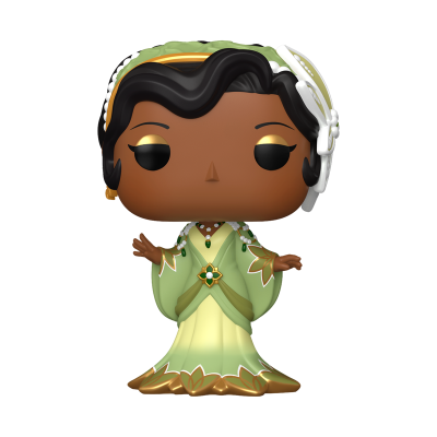 Figura Funko Pop de personagem com vestido verde e dourado e acessórios brancos