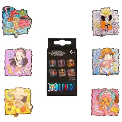 Conjunto de pins metálicos coloridos com personagens de desenho animado e embalagem preta