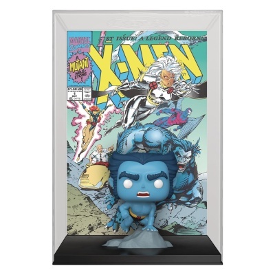 Figura Funko Pop do Noturno com capa de revista dos X-Men ao fundo em caixa transparente