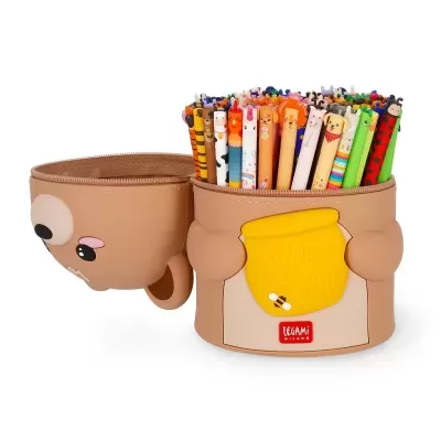 Estojo castanho silicone formato urso com canetas coloridas variadas