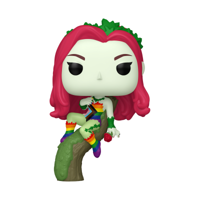 Figura Funko Pop com cabelo rosa sentada numa planta verde com folhas e morangos