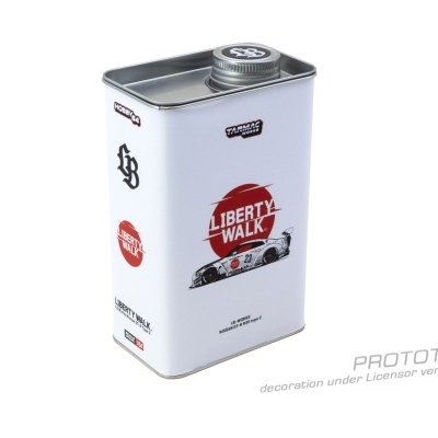 Lata metálica branca com desenhos e textos em vermelho e preto