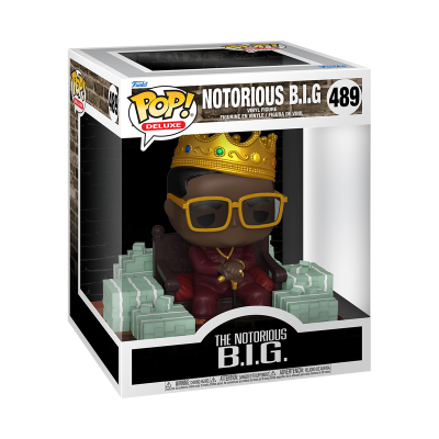 Funko Pop Deluxe Notorious B.I.G. sentado com coroa, óculos e dinheiro dentro da caixa.