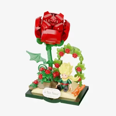 Figura LEGO do Pequeno Príncipe com rosa vermelha grande e flores verdes e vermelhas