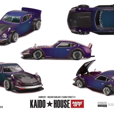 Modelo de carro Nissan Fairlady Z Kaido Street V1 azul e preto em miniatura