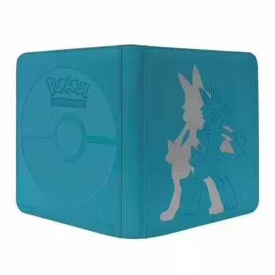 Capa azul para álbum de cartas Pokémon com símbolo de Pokébola e silhuetas de personagens em relevo