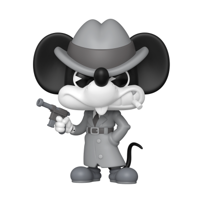 Figura de vinil de rato cinzento e preto com casaco, chapéu, pistola e cigarro.