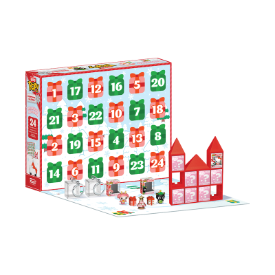 Calendário de advento com caixas numeradas verdes e vermelhas e figuras de Natal em miniatura