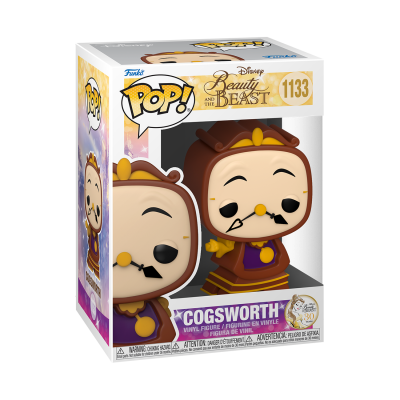Figura Pop! de vinil Cogsworth da Disney Beauty and the Beast na embalagem