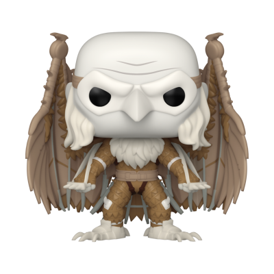 Figura colecionável Funko Pop de criatura alada branca e marrom com grandes olhos pretos
