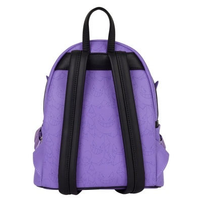 Mochila roxa com rostos sorridentes e alças pretas