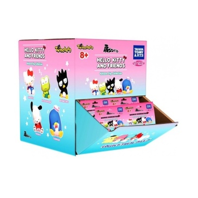 Caixa de exposição colorida temática HELLO KITTY AND FRIENDS para figuras de vinil.