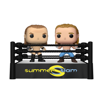 Duas figuras Funko Pop de lutadores num ringue de luta preto com texto summer slam