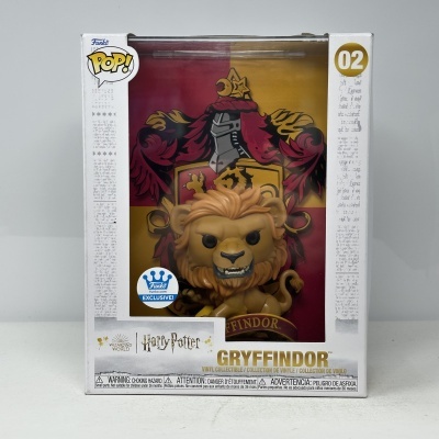 Caixa de boneco Funko Pop! Harry Potter Gryffindor com leão castanho em fundo vermelho e dourado.