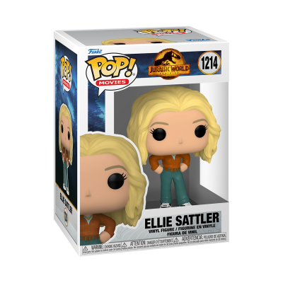Figura Funko Pop! da Ellie Sattler vestindo blusa castanha e calças verdes na embalagem