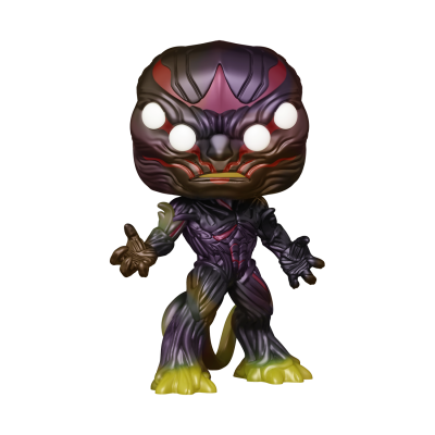 Figura colecionável de vinil roxo com detalhes vermelhos e amarelos