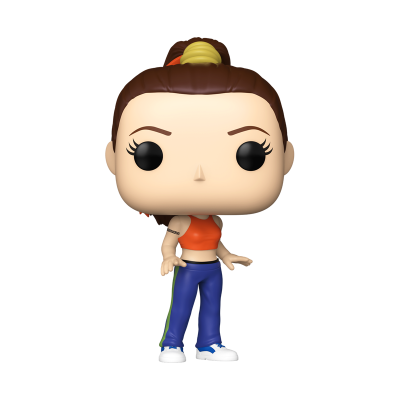 Figura Funko Pop de mulher com top laranja e calças azuis