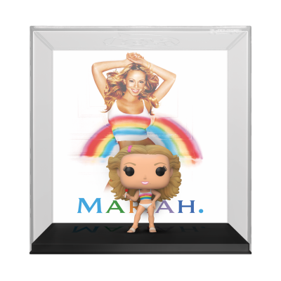 Figura Funko Pop da Mariah Carey com vestido riscas coloridas dentro de caixa transparente, com imagem de Mariah Carey ao fundo e texto MARIAH.
