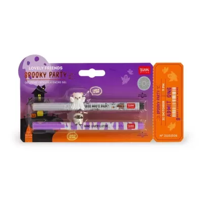 Pack de duas esferográficas gel com tema Halloween em embalagem roxa e laranja.