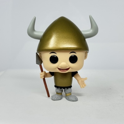 Figura colecionável de guerreiro com capacete dourado e cornos brancos