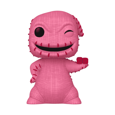 Boneco de vinil rosa com olho grande e sorriso largo, segurando dados