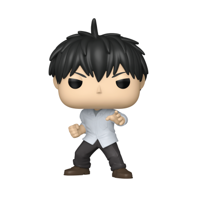 Figura vinil com cabelo preto e roupa branca e preta em pose de luta