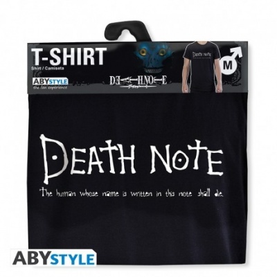 T-shirt preta com estampa Death Note em branco, embalagem com cabide