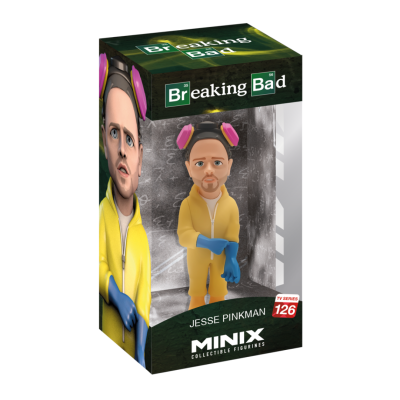 Caixa de mini figura colecionável Jesse Pinkman em macacão amarelo de Breaking Bad