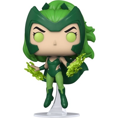 Figura Funko Pop personagem feminina verde com cristais nas mãos e suporte transparente