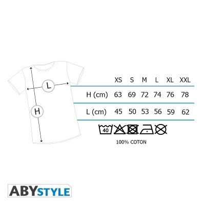 Tabela de tamanhos e instruções de lavagem para t-shirt ABYStyle