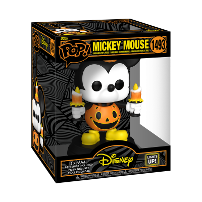 Figura Funko Pop! Mickey Mouse Halloween com abóbora e velas em caixa preta com texto amarelo