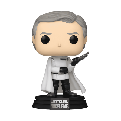 Funko Pop Star Wars com uniforme branco e capa, em base preta com logo STAR WARS