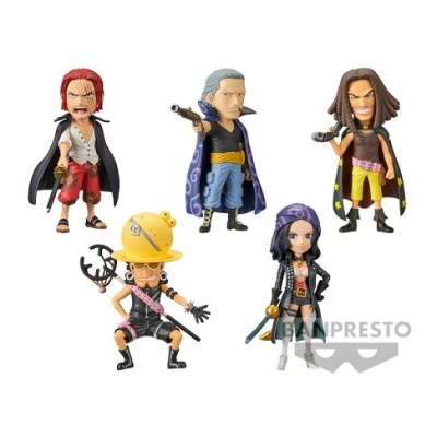Cinco mini figuras de anime coloridas com acessórios variadas em fundo branco, logotipo BANPRESTO