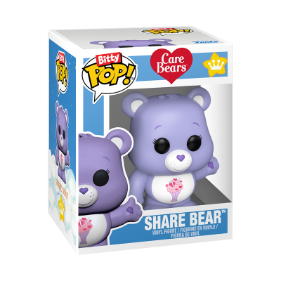 Figura vinil lilás Share Bear com cupcake, embalagem branca e azul