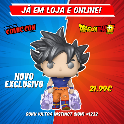 Figura Funko Pop Goku Ultra Instinct Sign com fundo azul e vermelho e texto promocional