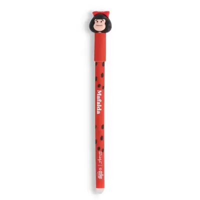 Caneta vermelha Mafalda com bolinhas pretas e tampa com personagem Mafalda