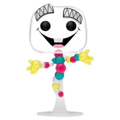 Figura decorativa com cabeça quadrada branca e corpo colorido em esferas, sobre base transparente.