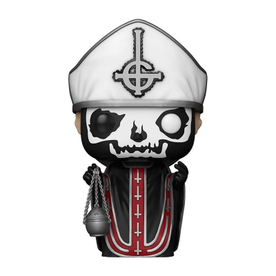 Figura colecionável Funko Pop do Papa Emeritus com roupa religiosa estilizada e detalhe de caveira no rosto