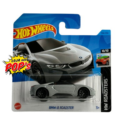 Miniatura BMW i8 Roadster cinzento em embalagem Hot Wheels azul