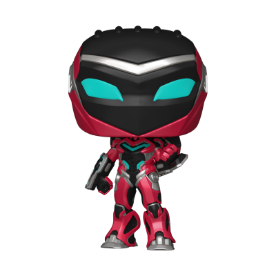 Figura colecionável estilo Funko Pop de robô preto e vermelho com detalhes azul-turquesa.