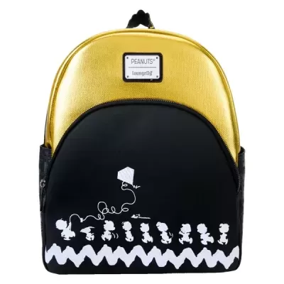 Mochila dourada e preta com personagens Peanuts desenhados em branco
